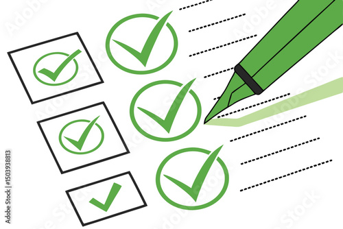 Green pencil checking off items on a checklist with boxes and circles