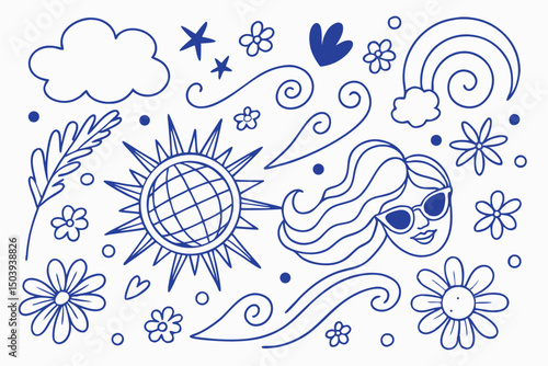 Groovy summer vibes doodle elements with girl sun flowers and rainbow