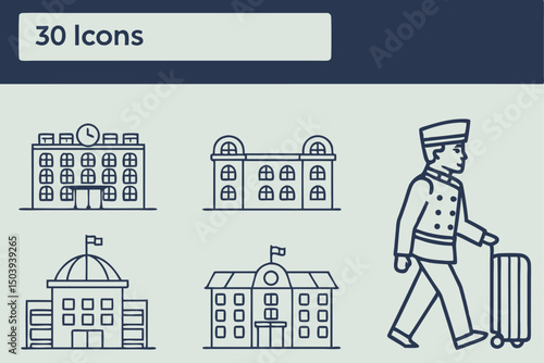 Hotel and service line icon set with bellhop and building illustrations