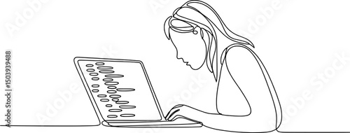 Woman working on laptop single line drawing minimalist