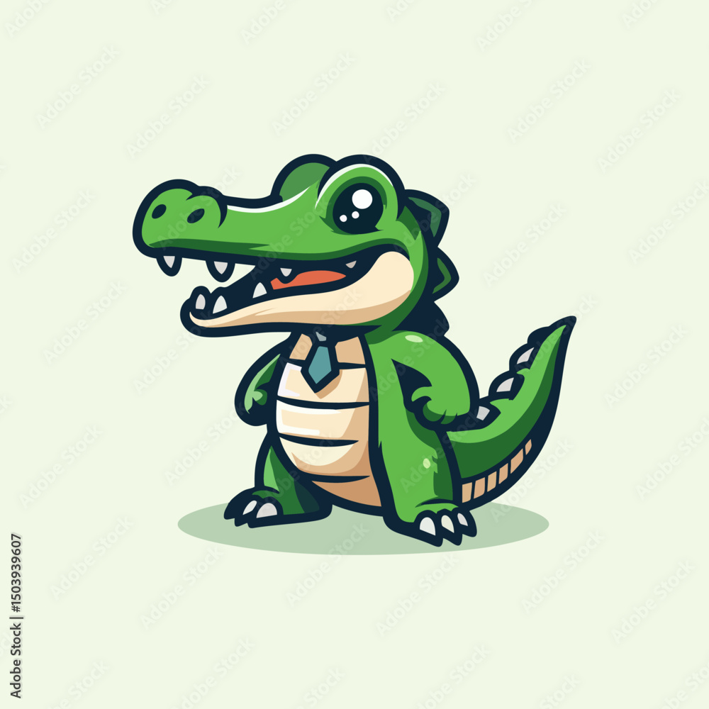 Fototapeta premium Adorable cartoon alligator wearing a blue tie, standing upright and smiling, perfect for business mascots, children's designs, or friendly animal branding.