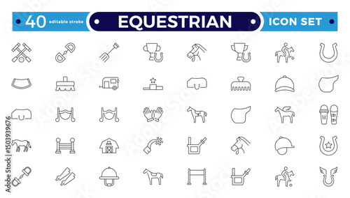 Equestrian Outline Icon Set. Horse, Rider, Gallop, Dressage, Racing, Pony, Farm Animal, Stable, Mustang, Silhouette, Freedom, Power, Mane, Saddle, Competition, Vector. Editable stroke outline icon.
