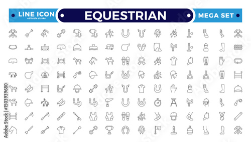 Equestrian Outline Icon Set. Horse, Rider, Gallop, Dressage, Racing, Pony, Farm Animal, Stable, Mustang, Silhouette, Freedom, Power, Mane, Saddle, Competition, Vector. Editable stroke outline icon.