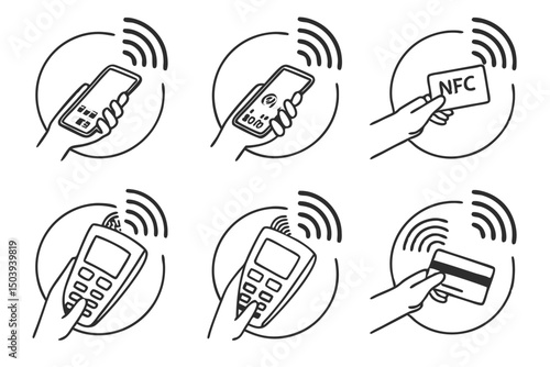 Nfc payment methods with hand holding credit card and pos terminal set