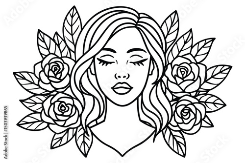 Outline drawing woman with closed eyes surrounded by roses and leaves