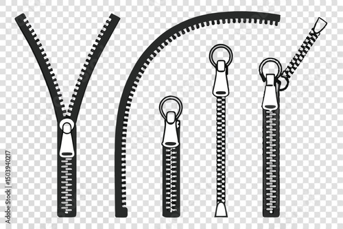 Set of different types of black and white zipper illustrations on transparent background