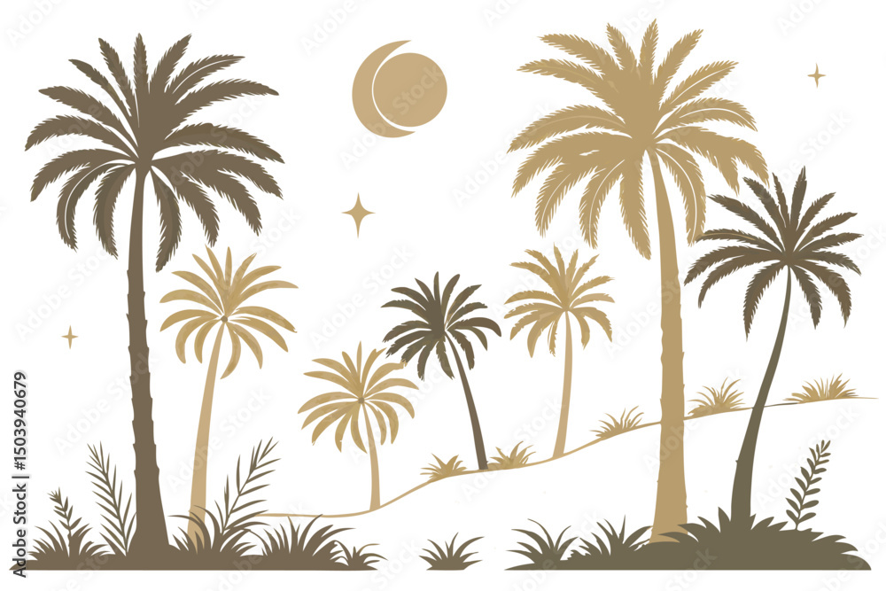 Obraz premium Tropical palm trees silhouette scene with moon and stars golden tones