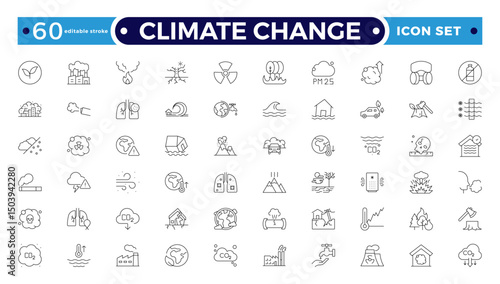 Climate Change Outline icon natural environment Carbon neutral and net zero concept greenhouse gas emissions Green energy, CO2 neutral, gas emissions, climate, ecology. Editable stroke outline icon.
