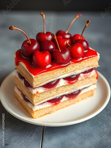 Delicious Layered Cherry Cake with Whipped Cream and Fresh Cherries Garnish
