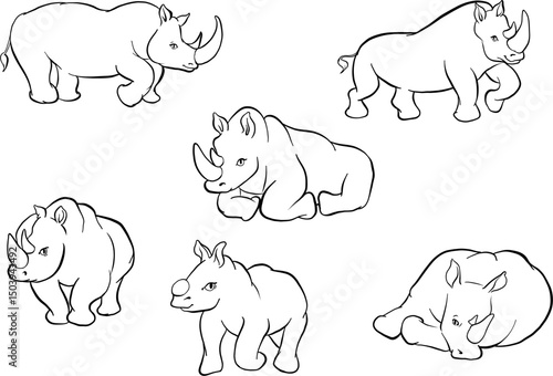 Hand drawn black and white ink rhinoceros illustration collection with detailed expressive poses