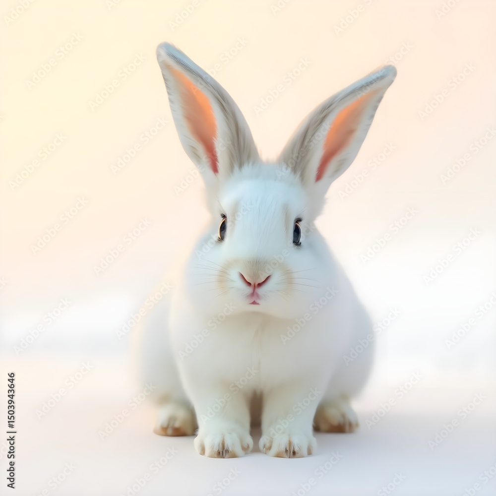 Obraz premium Ultra HD Photorealistic Portrait of a Cute White Bunny Rabbit with Big Ears and Fluffy Fur, Warm Golden Hour Lighting on White Background