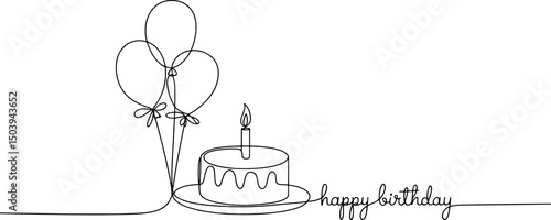 Happy birthday cake balloons line art illustration