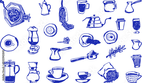 Hand drawn coffee illustration collection featuring brewing tools and accessories