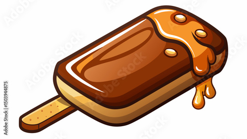 This delicious chocolate-coated ice cream bar with gooey caramel filling on a wooden stick is a sweet delight. Perfectly cut out on a transparent background, ideal for dessert-themed vector art.