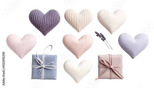Set of Elegant Fabric Heart-Shaped Accessories in Soft Colors Soft Pink Lavender and Beige Ideal for Fashion and Home Décor isolated on solid white background Png format