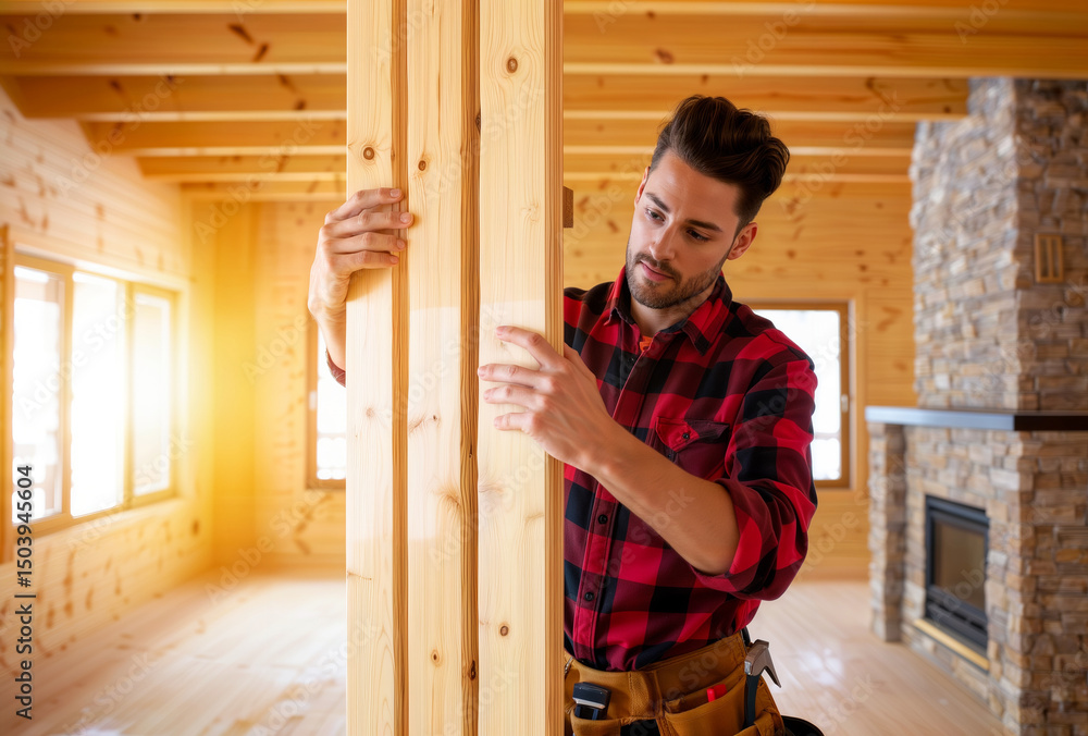 Timber frame inspection. Construction worker examining wooden beam structure in modern cabin interior with stone fireplace and exposed wood beams. Timber frame inspection. Construction worker examining wooden beam structure in modern cabin interior with stone fireplace and exposed wood beams.