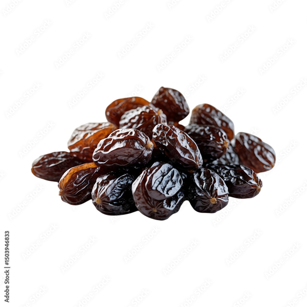 Close up of a pile of fresh and tasty brown raisins isolated on black backdrop Close up of a pile of fresh and tasty brown raisins isolated on black backdrop