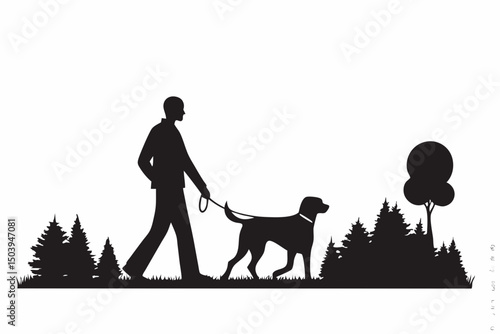 Silhouette of a man walking a dog on a leash in a park with trees and foliage in black and white created with generated ai