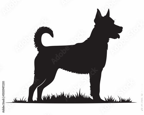 Silhouette of a dog standing in grass with its tail curled and ears perked in a side profile view created with generated ai
