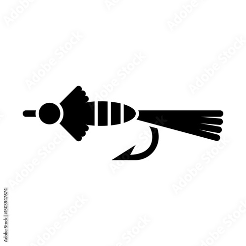 Fly fishing lure icon in minimal black and white silhouette style with segmented body, soft tail fibers, and hook, for fishing equipment branding, outdoor sport identity, or angling product design.