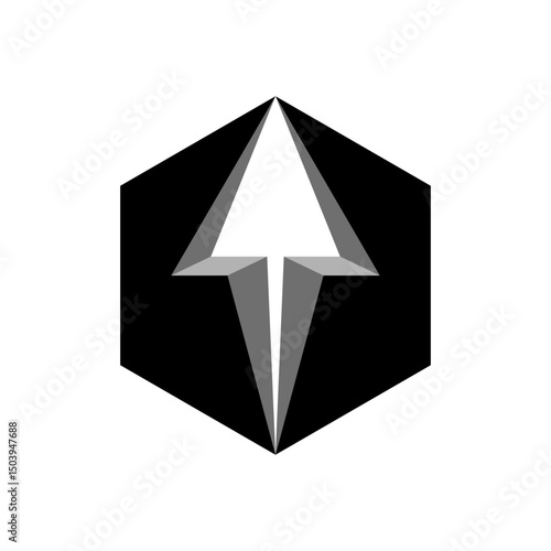 Arrow inside black hexagon logo geometric shape with abstract negative space icon, modern vector symbol for progress, digital growth, upload, elevation, futuristic direction and technology.