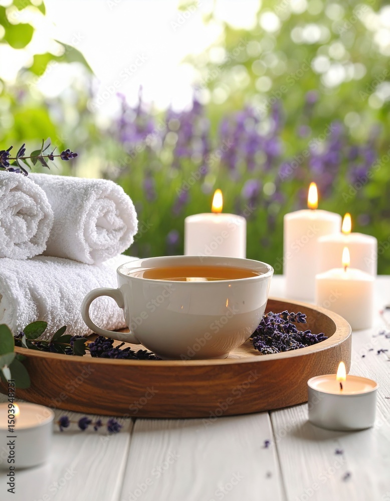 An inviting tea experience featuring two tea cups, one with a candle and a soft towel on a wooden tray perfect for a relaxing afternoon tea ritual An inviting tea experience featuring two tea cups, one with a candle and a soft towel on a wooden tray perfect for a relaxing afternoon tea ritual