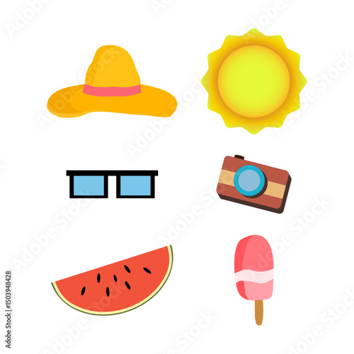 summer icon, hat, glasses, watermelon, summer sale banner, poster design. Vector illustration