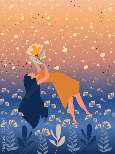 Long-haired young woman floating in the air above blooming fields in a dream. Vector