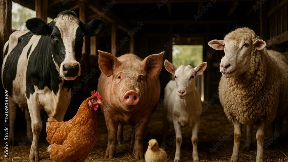Farm animals in a barn, including a cow, pig, goat, sheep, chicken, and chick, captured at eye level. Ideal for a farm-themed video or educational content.