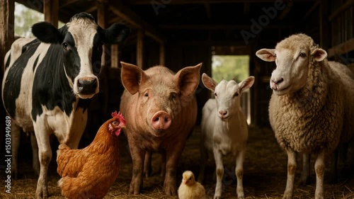 Farm animals in a barn, including a cow, pig, goat, sheep, chicken, and chick, captured at eye level. Ideal for a farm-themed video or educational content.