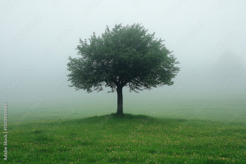 Obraz premium Misty morning landscape with a lone tree in fog nature photography serene environment tranquil viewpoint