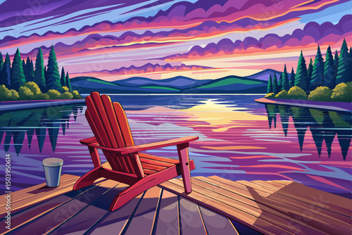 One Adirondack chairs on a wooden dock on a lake in Muskoka vector illustration