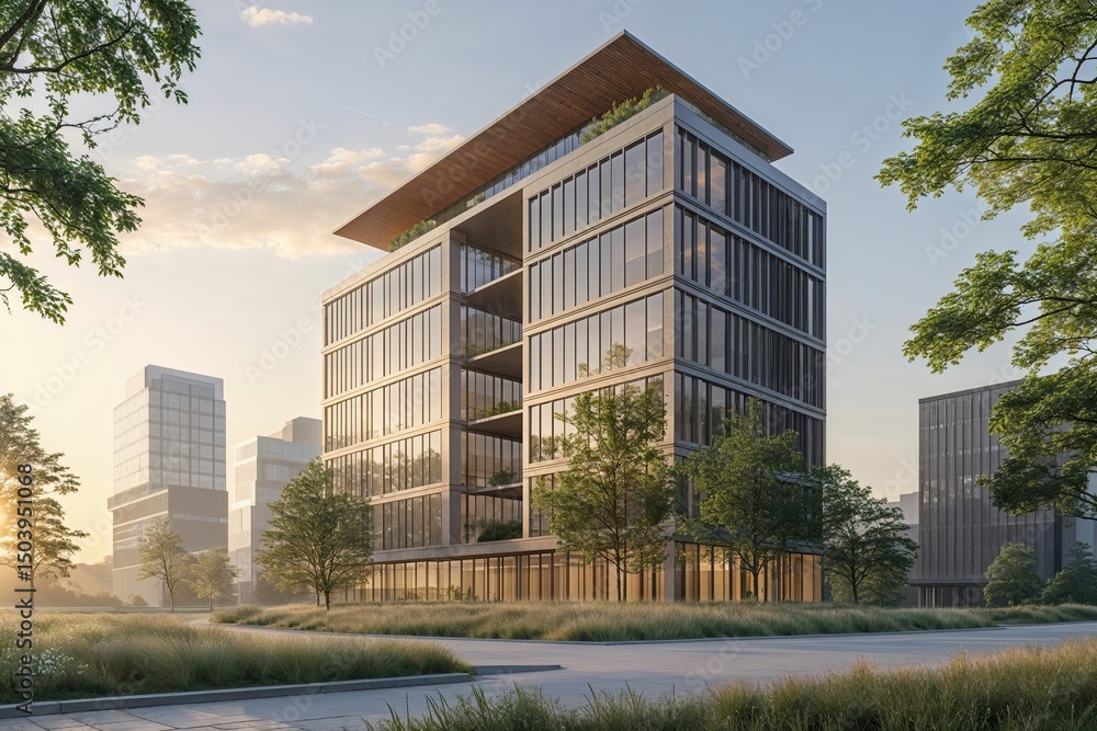 Fototapeta premium Modern Corporate Block Bathed in Gentle Morning Light: A Tranquil City Landscape with Natural Integration and Aesthetic Design