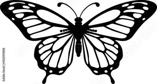 This image is a stylized butterfly icon, shown in black and white. 