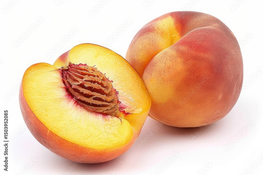 Pixel Perfect Image of Peach Fruits Whole and Cut Isolated on White Pixel Perfect Image of Peach Fruits Whole and Cut Isolated on White