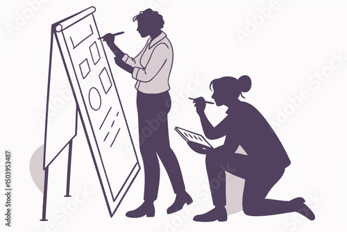 Businesswomen collaborating on presentation design brainstorming ideas for project management