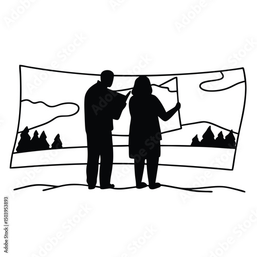 Silhouette illustration of people viewing a landscape picture together in monochrome