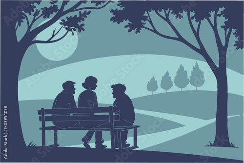 Three people sitting on a bench in the park under a tree at night