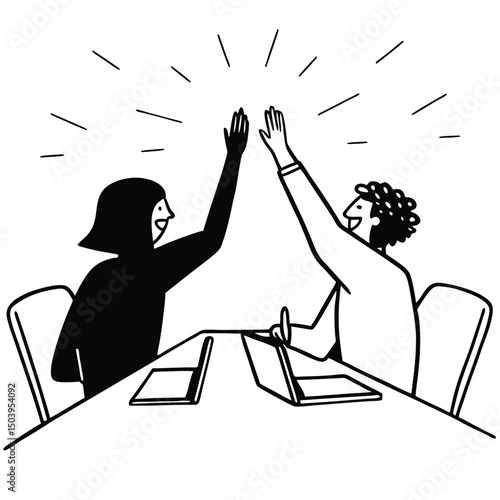 Two colleagues high fiving in minimalist line drawing style