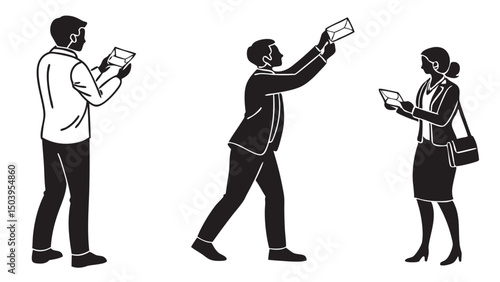 Business communication mail delivery people sending and receiving envelopes black and white illustration