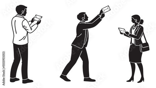 Business people handling envelopes vector illustration communication delivery service and postal mailing