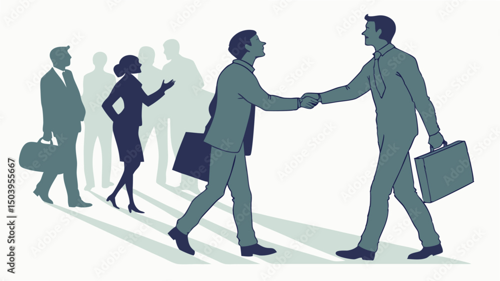 Businessmen shaking hands in agreement with colleagues walking to the meeting vector Businessmen shaking hands in agreement with colleagues walking to the meeting vector