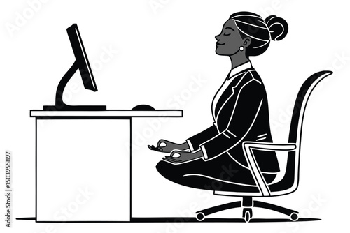 Businesswoman meditating on office chair for stress relief and mindfulness