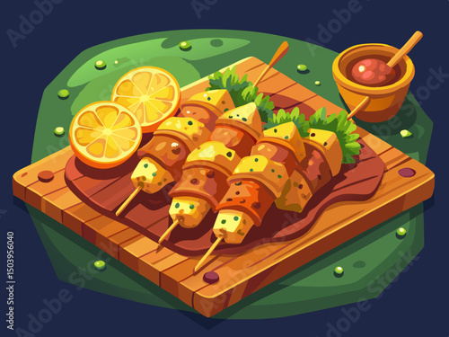vector of Summer street food: tasty battered kebabs on a wooden board