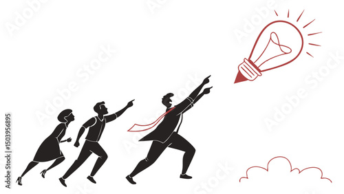 Team following bright idea,vector illustration of people chasing innovation and inspiration