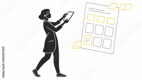 Woman holding a tablet viewing design portfolio with digital project dashboard interface