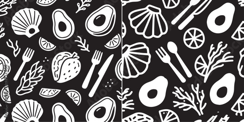 Illustrations of poke bowls, tempura shrimp, and avocado toast.