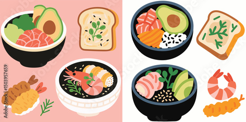 illustrations vector of poke bowls, tempura shrimp, and avocado toast.