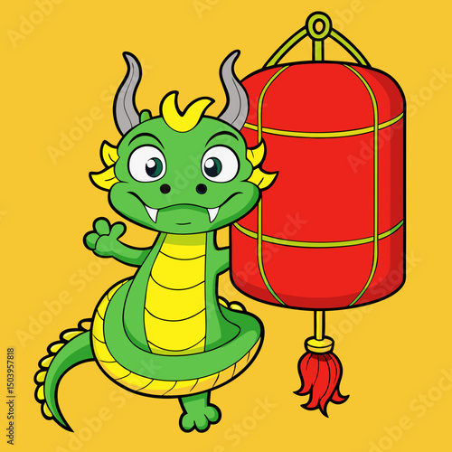 Celebrate the Lunar New Year with this vibrant digital artwork featuring a majestic Zodiac Dragon coiled around a glowing red lantern, symbolizing prosperity and tradition.