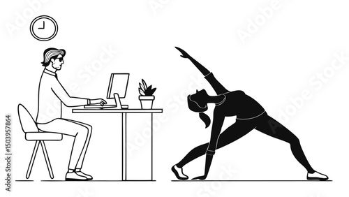 Business professional working at desk while woman practices yoga pose